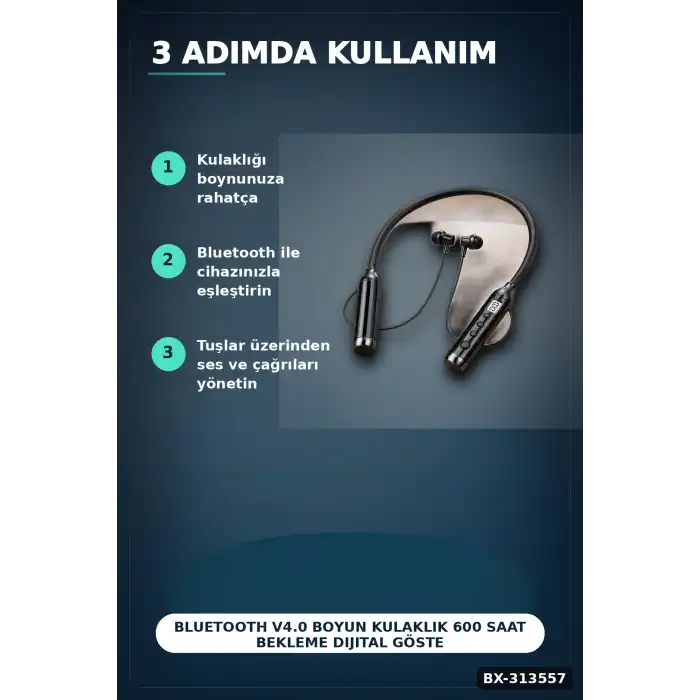Bluetooth V4.0 Boyun Kulaklık 600 Saat Bekleme Dijital Göstergeli Çift Cihaz Bağlantılı BX-313557