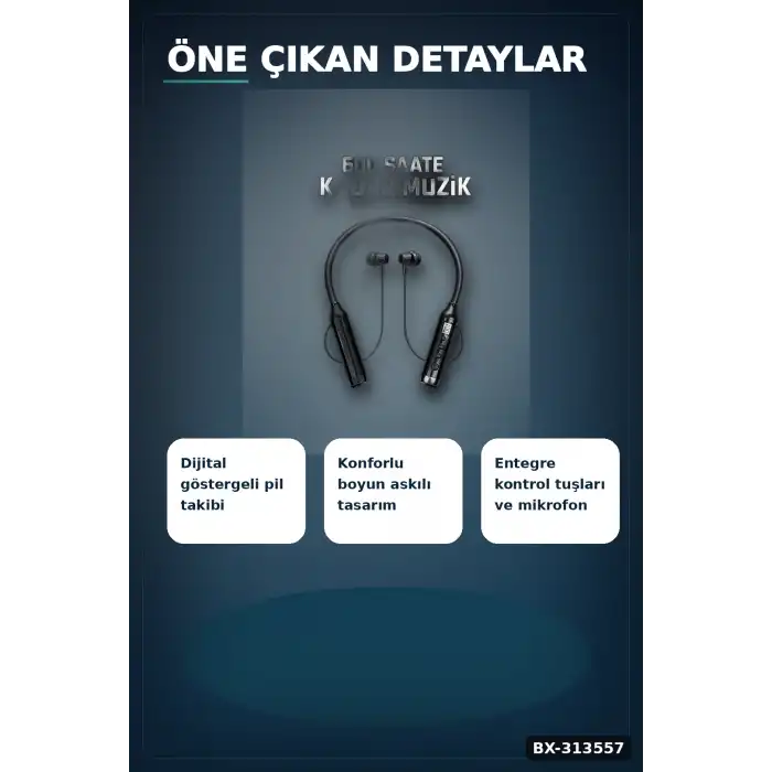 Bluetooth V4.0 Boyun Kulaklık 600 Saat Bekleme Dijital Göstergeli Çift Cihaz Bağlantılı BX-313557