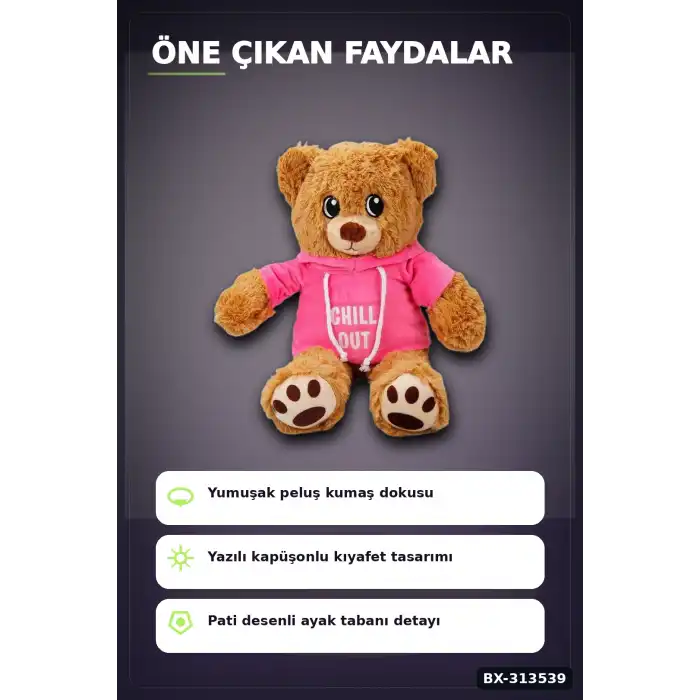 30 cm Kapüşonlu Peluş Ayıcık - Keep Cool Yazılı Sweatshirt, Pati Desenli Ayak BX-313539
