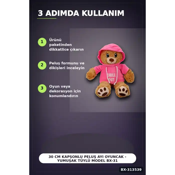 30 cm Kapüşonlu Peluş Ayıcık - Keep Cool Yazılı Sweatshirt, Pati Desenli Ayak BX-313539