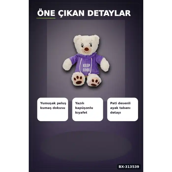30 cm Kapüşonlu Peluş Ayıcık - Keep Cool Yazılı Sweatshirt, Pati Desenli Ayak BX-313539