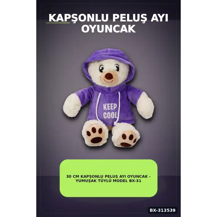 30 cm Kapüşonlu Peluş Ayıcık - Keep Cool Yazılı Sweatshirt, Pati Desenli Ayak BX-313539