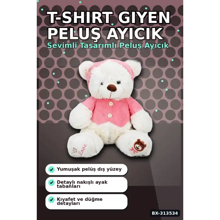T-Shirt Giyen 43 cm Yumuşak Dolgulu Ayıcık Peluş - Renkli BX-313534