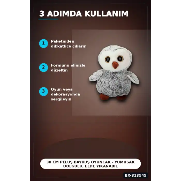 30 cm Peluş Baykuş Oyuncak - Yumuşak Dolgulu, Elde Yıkanabilir, Kahverengi-Siyah Seçenekli BX-313545