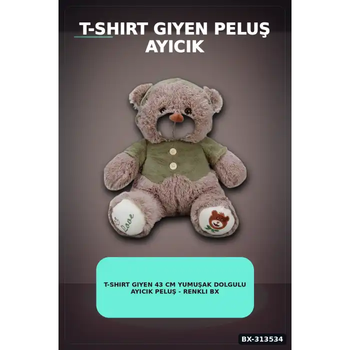 T-Shirt Giyen 43 cm Yumuşak Dolgulu Ayıcık Peluş - Renkli BX-313534
