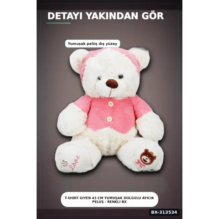 T-Shirt Giyen 43 cm Yumuşak Dolgulu Ayıcık Peluş - Renkli BX-313534