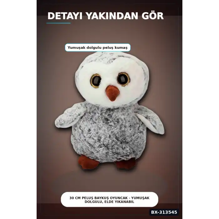 30 cm Peluş Baykuş Oyuncak - Yumuşak Dolgulu, Elde Yıkanabilir, Kahverengi-Siyah Seçenekli BX-313545