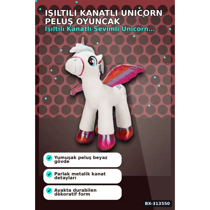 42 Cm Yumuşak Peluş Kanatlı Unicorn At Figürü Rengarenk Hediye Peluş Oyuncak BX-313550