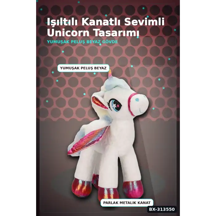 42 Cm Yumuşak Peluş Kanatlı Unicorn At Figürü Rengarenk Hediye Peluş Oyuncak BX-313550