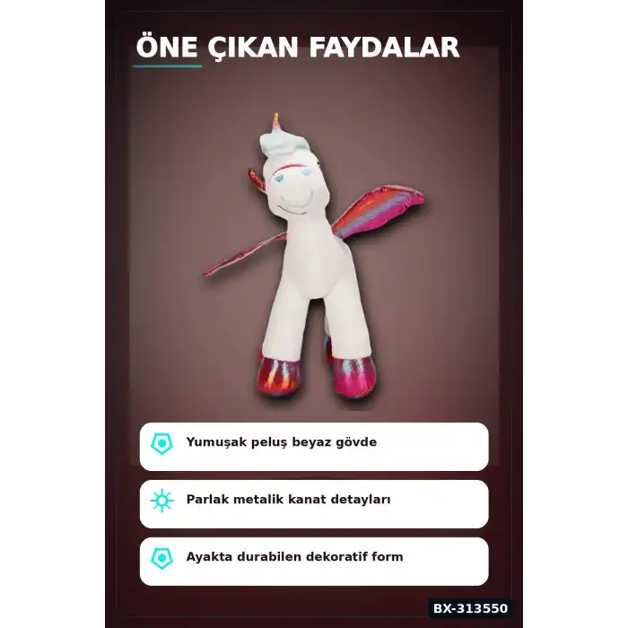 42 Cm Yumuşak Peluş Kanatlı Unicorn At Figürü Rengarenk Hediye Peluş Oyuncak BX-313550