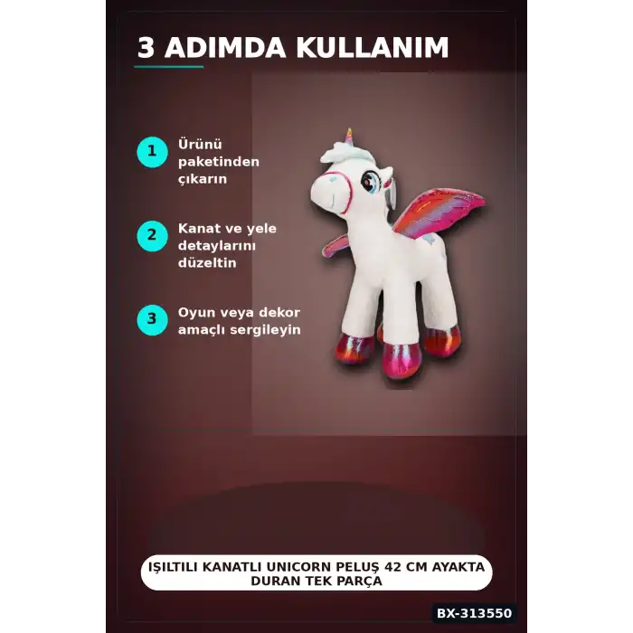 42 Cm Yumuşak Peluş Kanatlı Unicorn At Figürü Rengarenk Hediye Peluş Oyuncak BX-313550