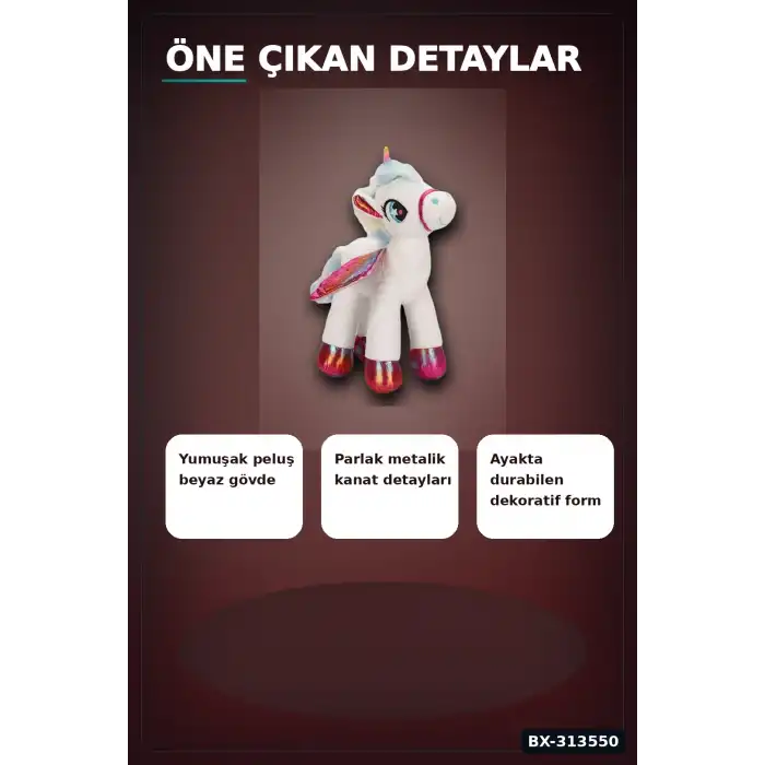 42 Cm Yumuşak Peluş Kanatlı Unicorn At Figürü Rengarenk Hediye Peluş Oyuncak BX-313550