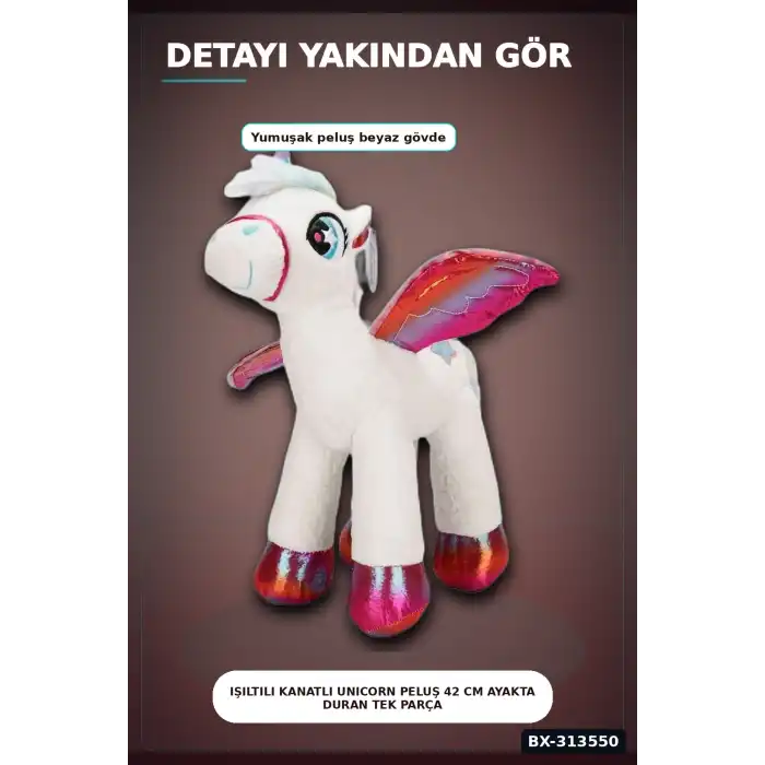 42 Cm Yumuşak Peluş Kanatlı Unicorn At Figürü Rengarenk Hediye Peluş Oyuncak BX-313550