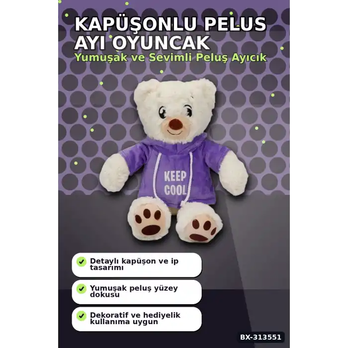 Renkli Kapüşonlu Sweatshirt Giyen 30 cm Peluş Ayı Oyuncak Hediyelik BX-313551