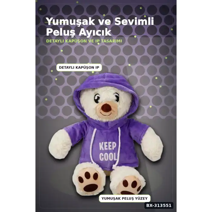 Renkli Kapüşonlu Sweatshirt Giyen 30 cm Peluş Ayı Oyuncak Hediyelik BX-313551