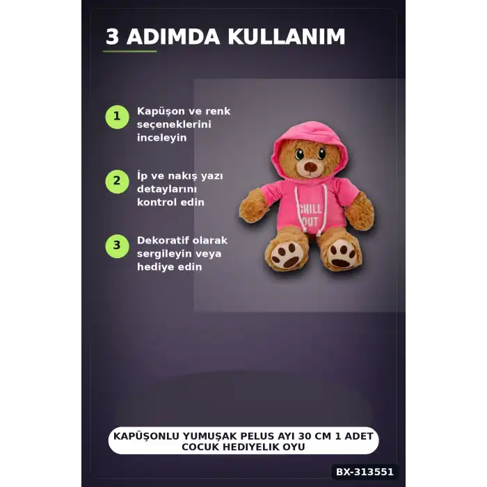Renkli Kapüşonlu Sweatshirt Giyen 30 cm Peluş Ayı Oyuncak Hediyelik BX-313551