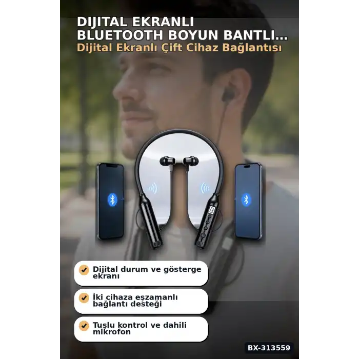 Dijital Ekranlı Boyun Bantlı Bluetooth Kulaklık Mikrofonlu Çift Cihaz Bağlantılı Kablosuz BX-313559