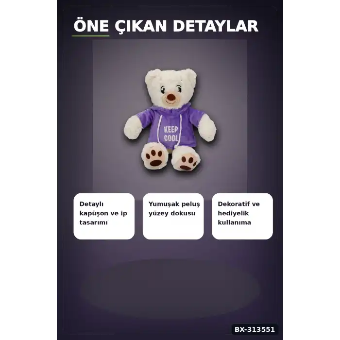 Renkli Kapüşonlu Sweatshirt Giyen 30 cm Peluş Ayı Oyuncak Hediyelik BX-313551