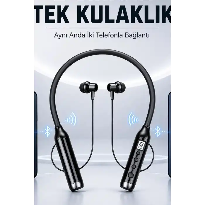 Dijital Ekranlı Boyun Bantlı Bluetooth Kulaklık Mikrofonlu Çift Cihaz Bağlantılı Kablosuz BX-313559