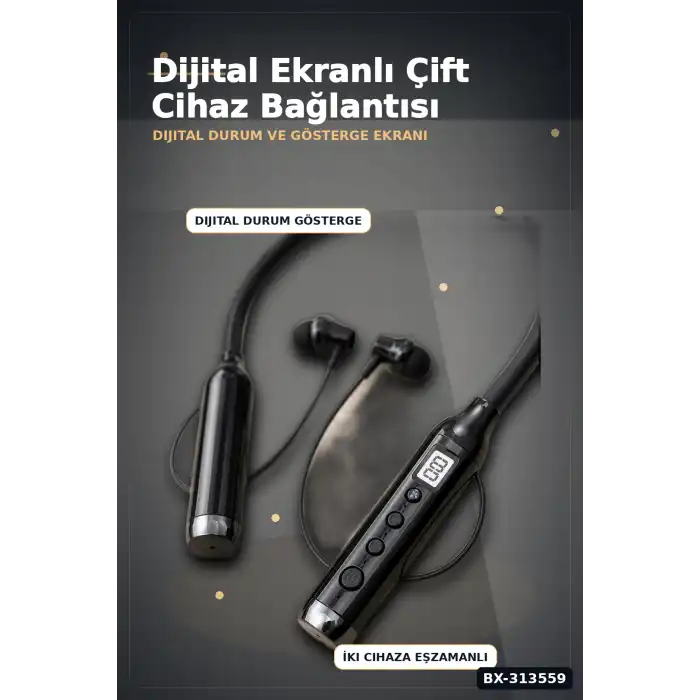 Dijital Ekranlı Boyun Bantlı Bluetooth Kulaklık Mikrofonlu Çift Cihaz Bağlantılı Kablosuz BX-313559