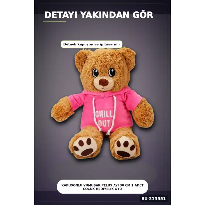 Renkli Kapüşonlu Sweatshirt Giyen 30 cm Peluş Ayı Oyuncak Hediyelik BX-313551