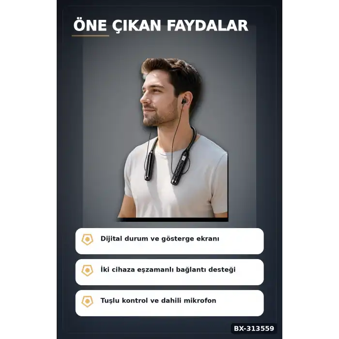 Dijital Ekranlı Boyun Bantlı Bluetooth Kulaklık Mikrofonlu Çift Cihaz Bağlantılı Kablosuz BX-313559