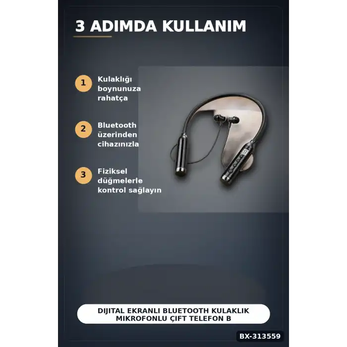 Dijital Ekranlı Boyun Bantlı Bluetooth Kulaklık Mikrofonlu Çift Cihaz Bağlantılı Kablosuz BX-313559