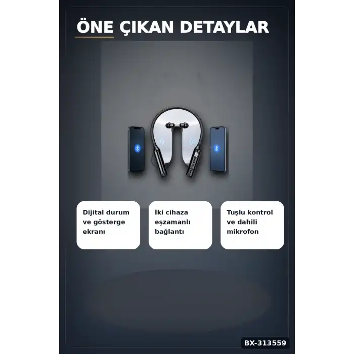 Dijital Ekranlı Boyun Bantlı Bluetooth Kulaklık Mikrofonlu Çift Cihaz Bağlantılı Kablosuz BX-313559
