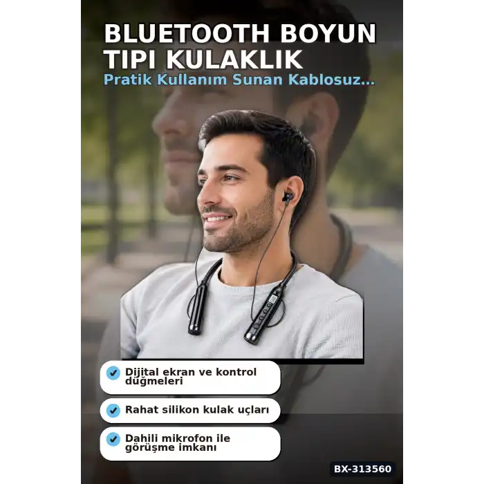 Bluetooth V4.0 Boyun Tipi Kulaklık 10 Mt Menzilli Mikrofonlu Dijital Ekranli Kulak Ici BX-313560