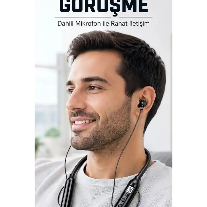 Bluetooth V4.0 Boyun Tipi Kulaklık 10 Mt Menzilli Mikrofonlu Dijital Ekranli Kulak Ici BX-313560