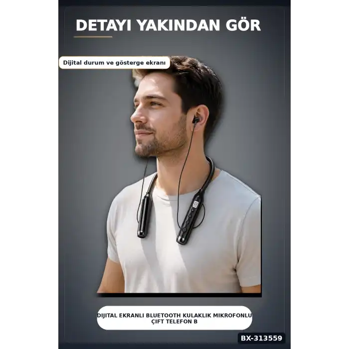 Dijital Ekranlı Boyun Bantlı Bluetooth Kulaklık Mikrofonlu Çift Cihaz Bağlantılı Kablosuz BX-313559
