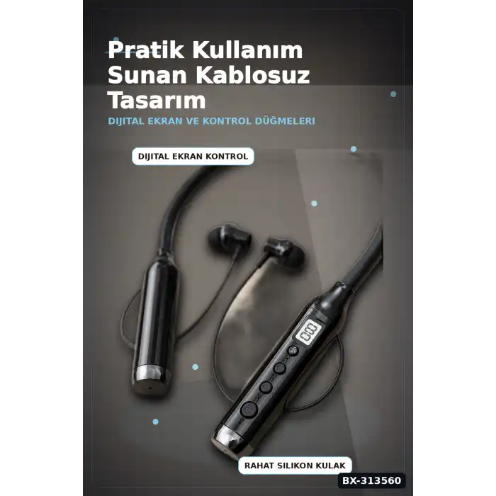 Bluetooth V4.0 Boyun Tipi Kulaklık 10 Mt Menzilli Mikrofonlu Dijital Ekranli Kulak Ici BX-313560