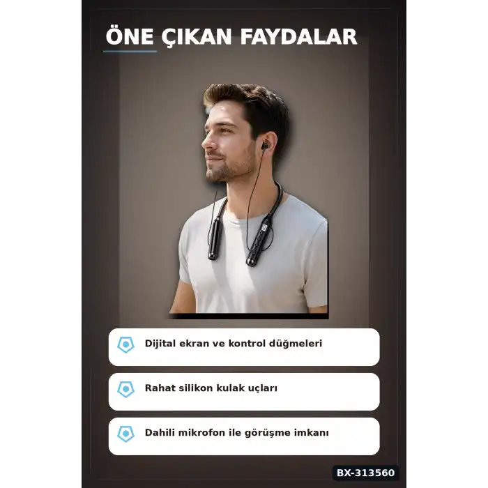 Bluetooth V4.0 Boyun Tipi Kulaklık 10 Mt Menzilli Mikrofonlu Dijital Ekranli Kulak Ici BX-313560