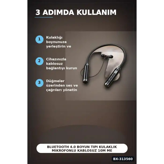 Bluetooth V4.0 Boyun Tipi Kulaklık 10 Mt Menzilli Mikrofonlu Dijital Ekranli Kulak Ici BX-313560