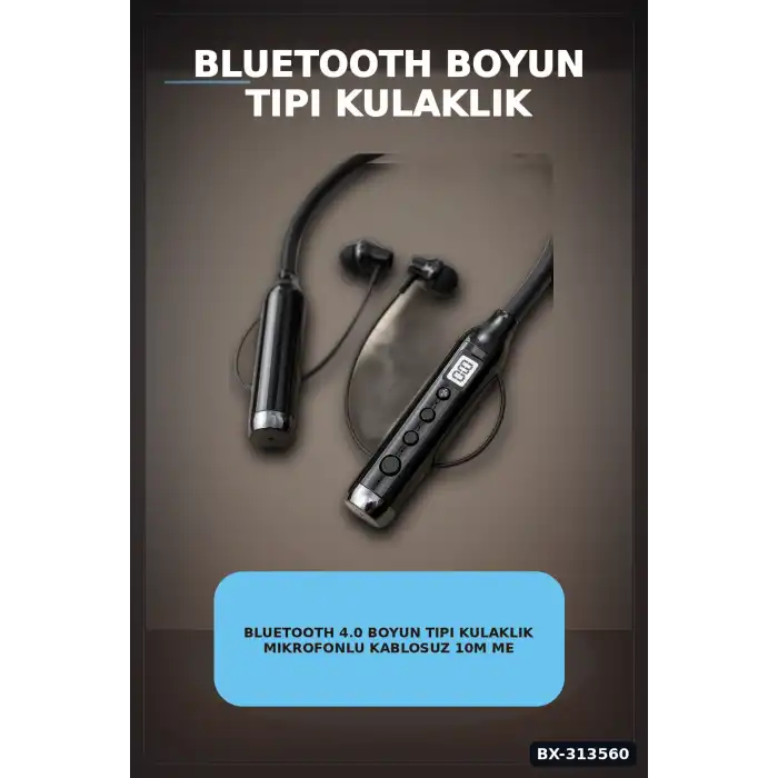 Bluetooth V4.0 Boyun Tipi Kulaklık 10 Mt Menzilli Mikrofonlu Dijital Ekranli Kulak Ici BX-313560