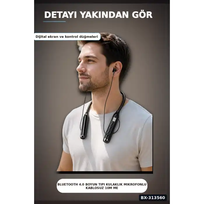 Bluetooth V4.0 Boyun Tipi Kulaklık 10 Mt Menzilli Mikrofonlu Dijital Ekranli Kulak Ici BX-313560