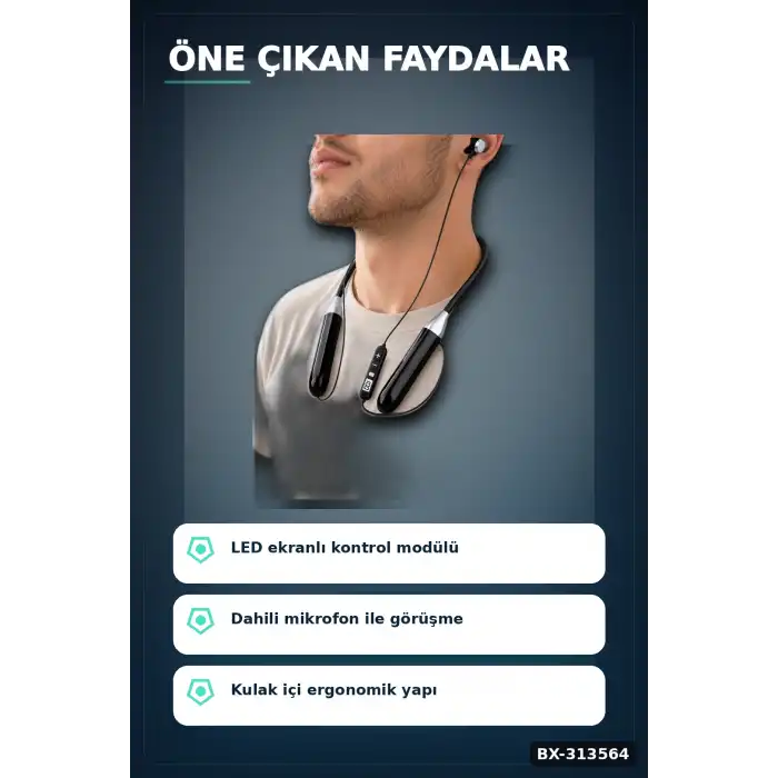 Bluetooth 4.0 Boyun Kulakligi Mikrofonlu Ses Kontrollu 400 Saat Bekleme Suresi 10m Menzil BX-313564