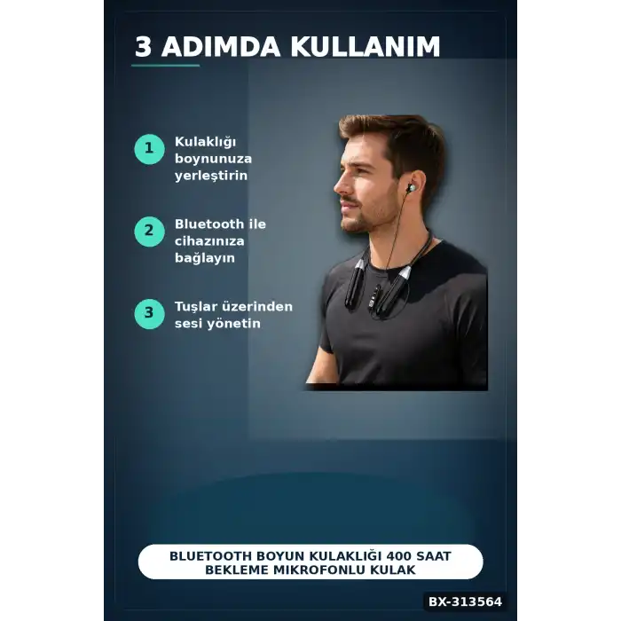 Bluetooth 4.0 Boyun Kulakligi Mikrofonlu Ses Kontrollu 400 Saat Bekleme Suresi 10m Menzil BX-313564