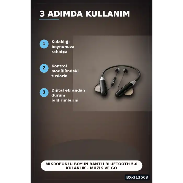 Boyun Bantli Bluetooth 5.0 Kulaklik Mikrofonlu Kablosuz Kulak Ici Muzik Ve Gorusme BX-313563