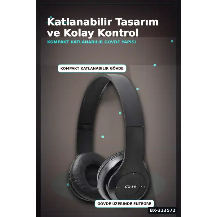 Katlanabilir P47 Bluetooth Kablosuz Kulakustu Kulaklik Mikrofonlu 1 Adet BX-313572