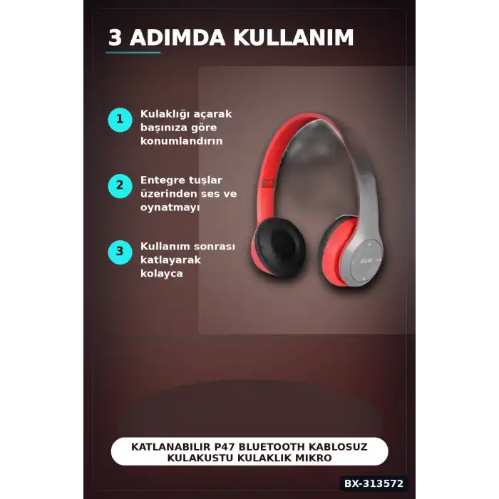 Katlanabilir P47 Bluetooth Kablosuz Kulakustu Kulaklik Mikrofonlu 1 Adet BX-313572