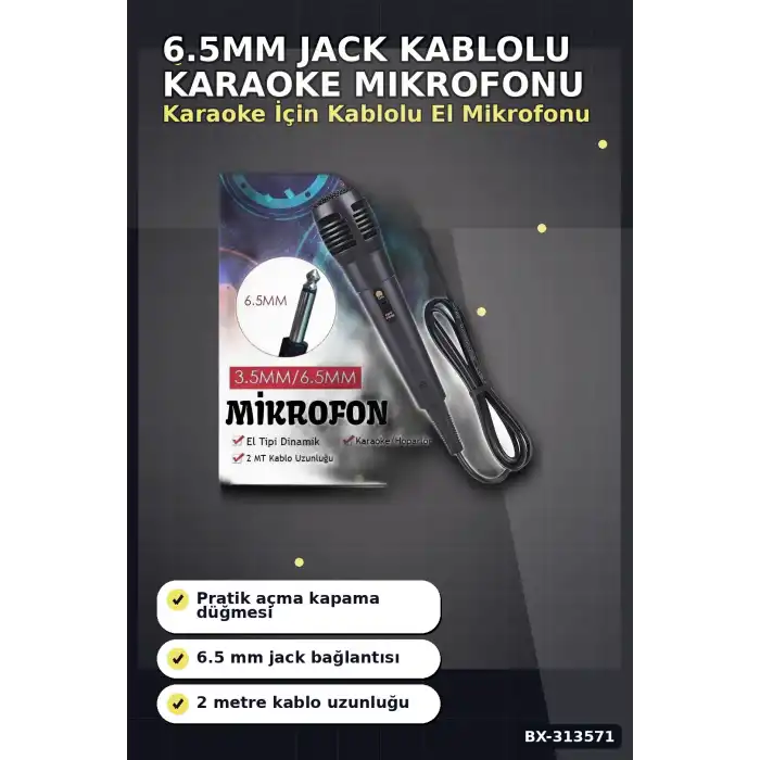 6.5 Mm Jack Kablolu Karaoke Mikrofonu Tekli Paket Standart Model Ses Sistemi Icin BX-313571
