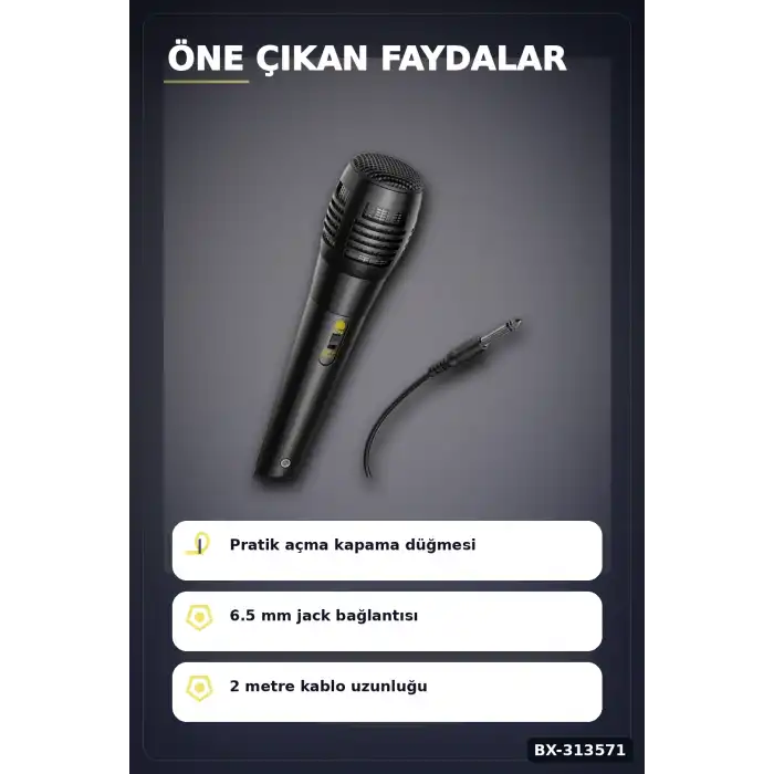 6.5 Mm Jack Kablolu Karaoke Mikrofonu Tekli Paket Standart Model Ses Sistemi Icin BX-313571