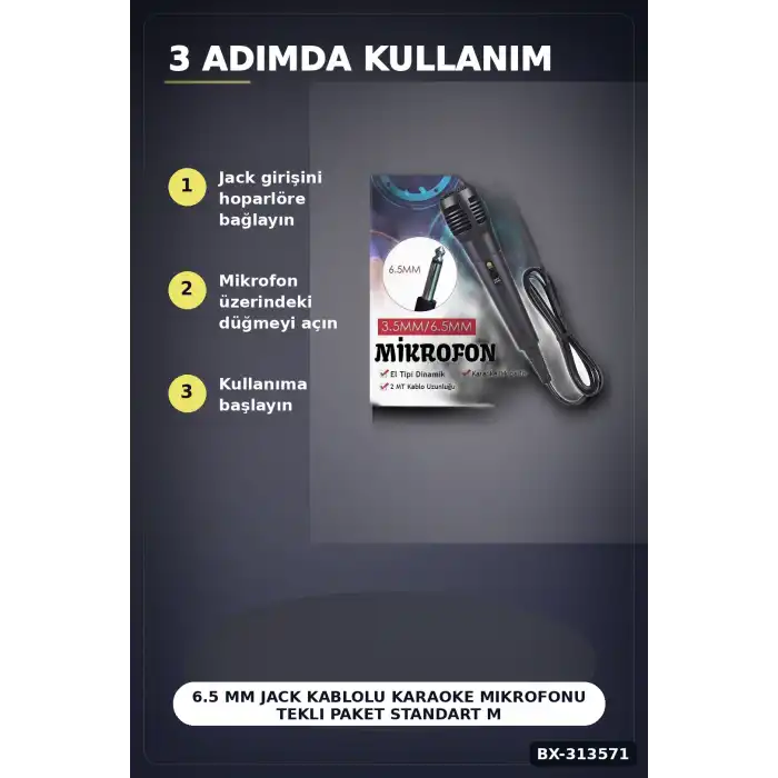 6.5 Mm Jack Kablolu Karaoke Mikrofonu Tekli Paket Standart Model Ses Sistemi Icin BX-313571