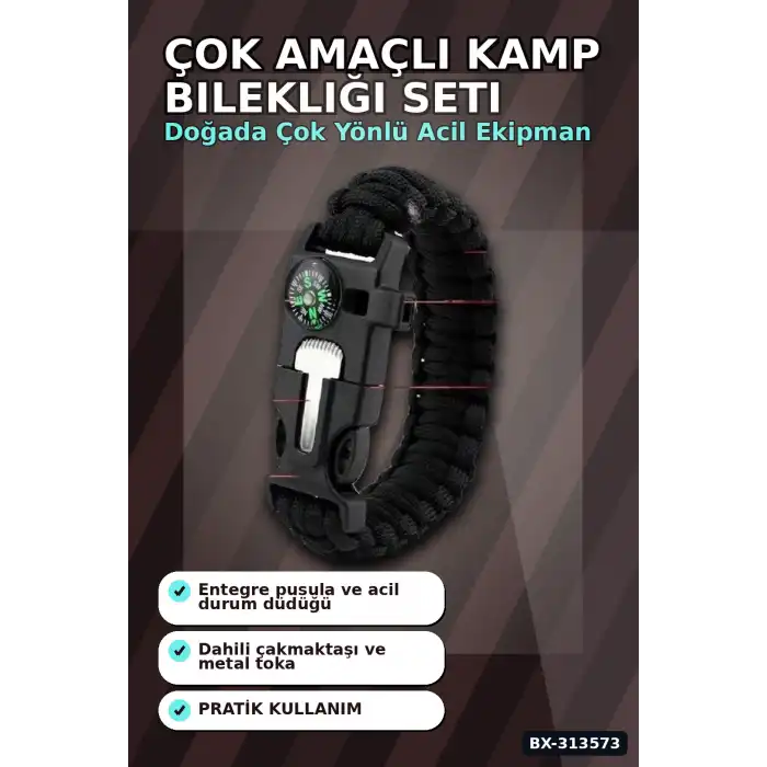 Çok Amaçlı Kamp Bilekliği - Düdük, Çakı, Çakmaktaşı, Pusula ve Paraşüt İpi Dahil BX-313573