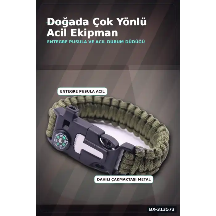 Çok Amaçlı Kamp Bilekliği - Düdük, Çakı, Çakmaktaşı, Pusula ve Paraşüt İpi Dahil BX-313573
