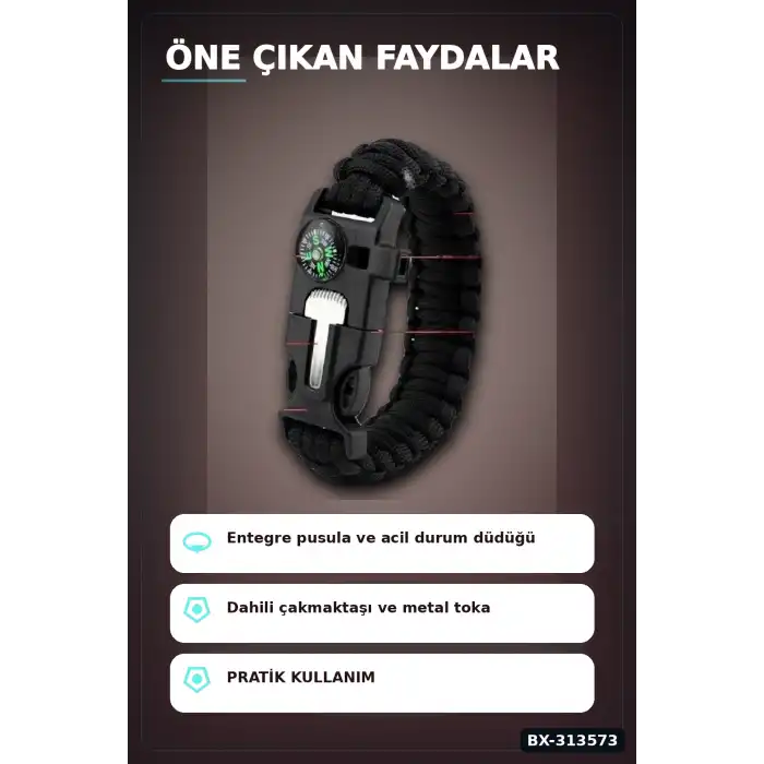 Çok Amaçlı Kamp Bilekliği - Düdük, Çakı, Çakmaktaşı, Pusula ve Paraşüt İpi Dahil BX-313573