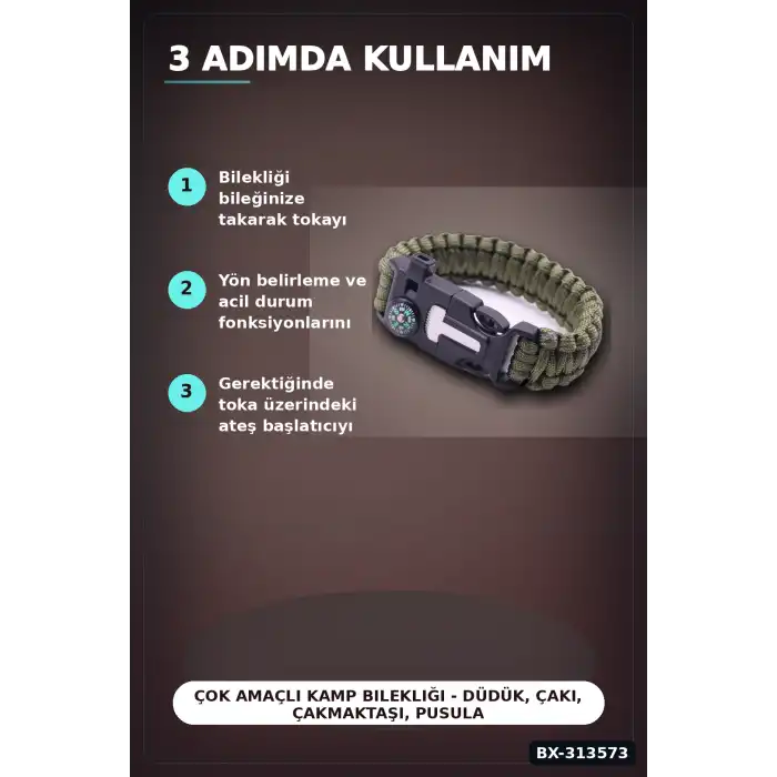 Çok Amaçlı Kamp Bilekliği - Düdük, Çakı, Çakmaktaşı, Pusula ve Paraşüt İpi Dahil BX-313573