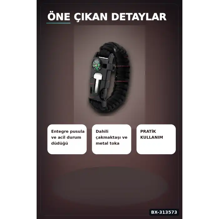 Çok Amaçlı Kamp Bilekliği - Düdük, Çakı, Çakmaktaşı, Pusula ve Paraşüt İpi Dahil BX-313573