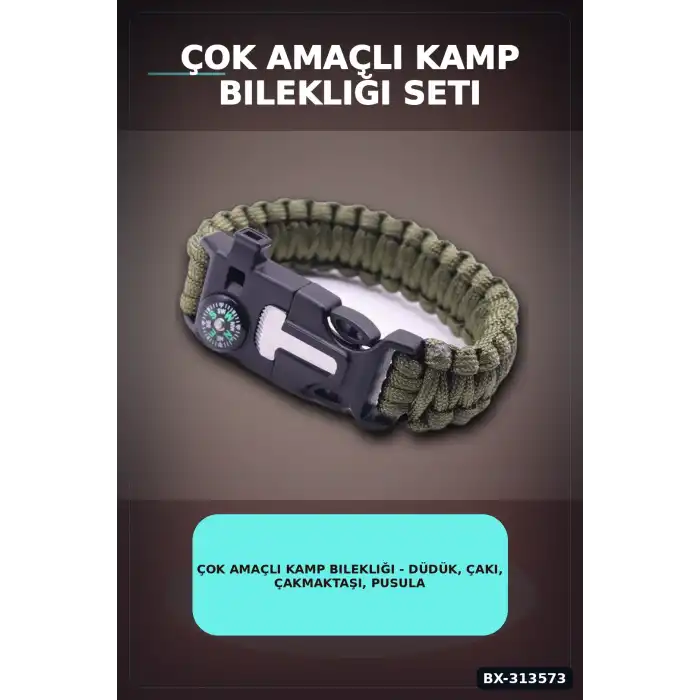 Çok Amaçlı Kamp Bilekliği - Düdük, Çakı, Çakmaktaşı, Pusula ve Paraşüt İpi Dahil BX-313573